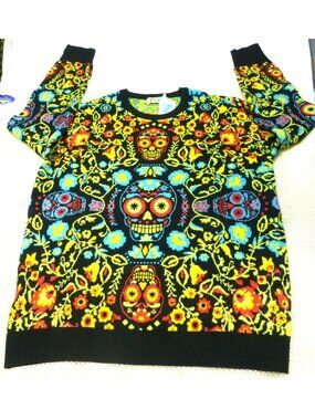 Day Of The Dead Skull Sweater XL Colorful Floral Pattern Fun.com NWT